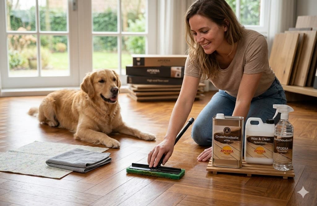 Vrouw behandelt parketvloer